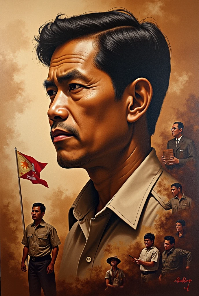 Generate a coffee painting depicting the heroism of ninoy aquino. include many details. his imprisonment, senator time, etc