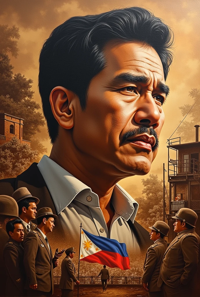 Generate a coffee painting depicting the heroism of ninoy aquino. include many details. his imprisonment, senator time, etc