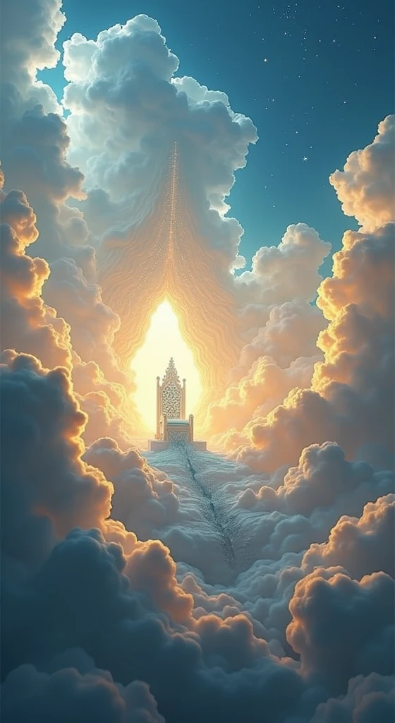 a vision of the sky filled with angels thousands of thousands, myriads of myriads of angels around a radiant throne, a throne like ice covered with precious stones, shining like the sun, the sky with beautiful white clouds, a celestial arch above the throne,
