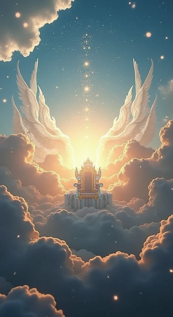 a vision of the sky filled with angels thousands of thousands, myriads of myriads of angels around a radiant throne, a throne like ice covered with precious stones, shining like the sun, the sky with beautiful white clouds, a celestial arch above the throne,