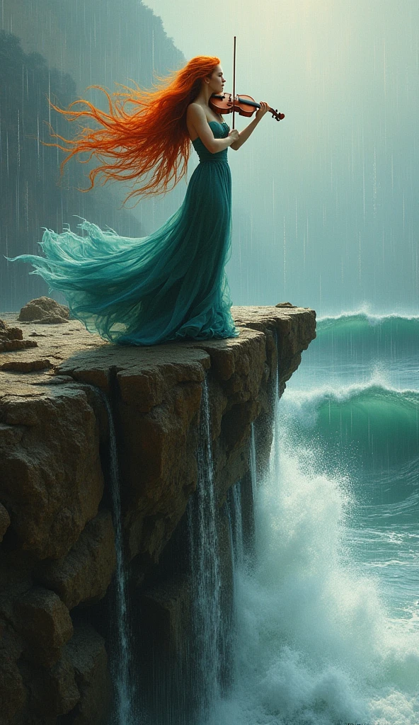 Woman with impeccable features, long red hair swirls in the wind, fervently engages with a violin atop a jagged cliff, wild sea below with towering waves, rain cascades, hyper-realistic surreal masterpiece, fusion of artistic styles echoing Jose Royo, Boris Vallejo, Carne Griffiths, Wadim Kashin, Harrison Fisher, Brian Froud, Jeremy Mann, atmospheric with
