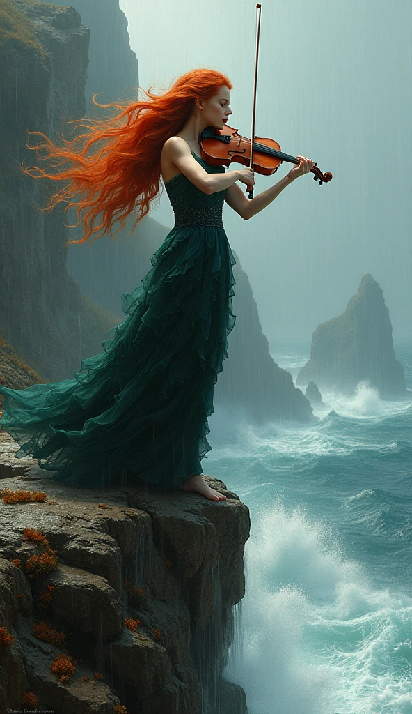 Woman with impeccable features, long red hair swirls in the wind, fervently engages with a violin atop a jagged cliff, wild sea below with towering waves, rain cascades, hyper-realistic surreal masterpiece, fusion of artistic styles echoing Jose Royo, Boris Vallejo, Carne Griffiths, Wadim Kashin, Harrison Fisher, Brian Froud, Jeremy Mann, atmospheric with