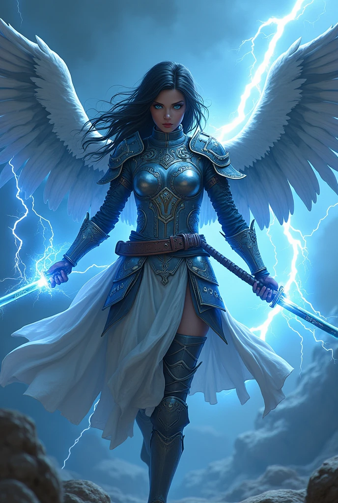 Angel Warrior (women )She masters the blue lightning and uses a katana that radiates rays. Her eyes shine blue light and she has a blue aura. She has a ninja suit and a tunic. Her wings have levitating Egyptian letters and are ready to attack., with a look of great anger