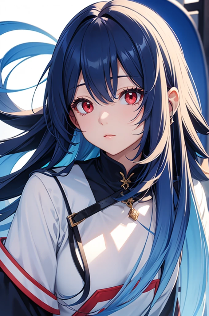 Blue colored long hair、Center parted bangs、Red eyes