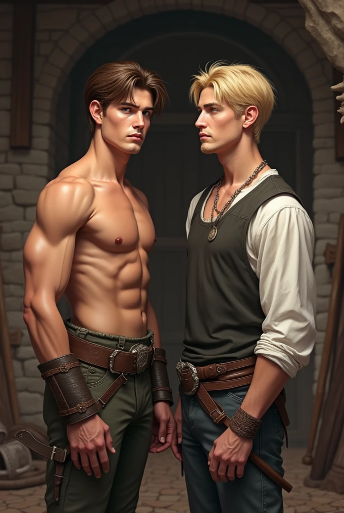 Medieval Brothers,  handsome young teenage brown haired man wearing a tank top without a shirt and another 25 year old blond man wearing a tank top and a white long sleeved athlete shirt.