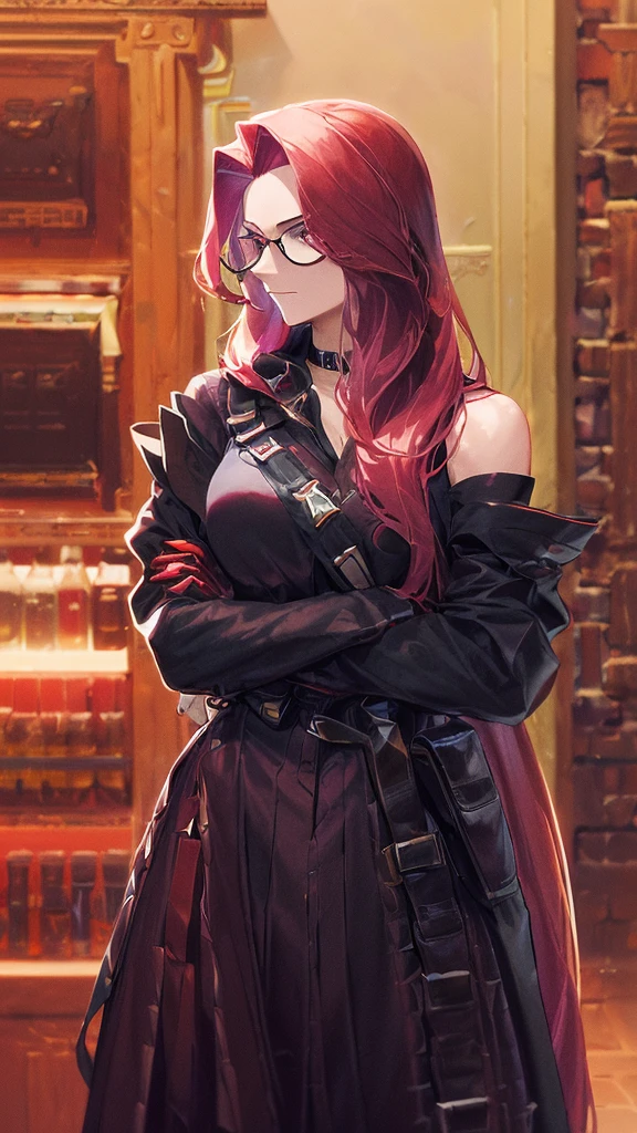 (Masterpiece), (best quality), 20-year-old villainous woman (Dark red hair, ponytail and long loose hair.) Bright red eyes, red fox ears, and round glasses. (Black evening dress, off shoulder dress, sleeveless dress, one-piece dress, sexy dress) A black fluffy blanket draped over his shoulders, he stood up straight with his arms crossed across his chest.