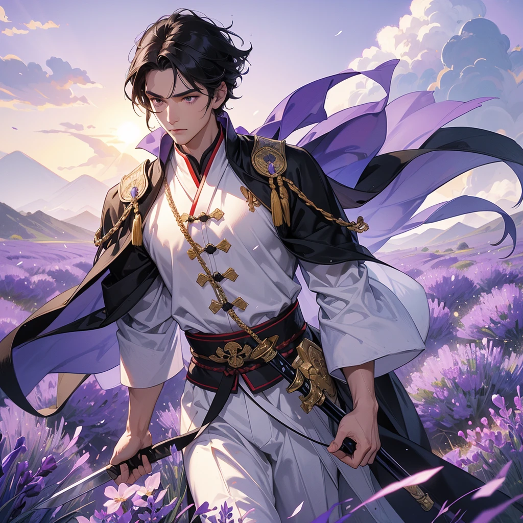Handsome black-haired male general holding a large sword in white ancient Chinese general costume, walking In the middle of lavender fields , Surrounded by lavender fields, purple, with green mountains in the background, low clouds, the sun is about to set, close up.