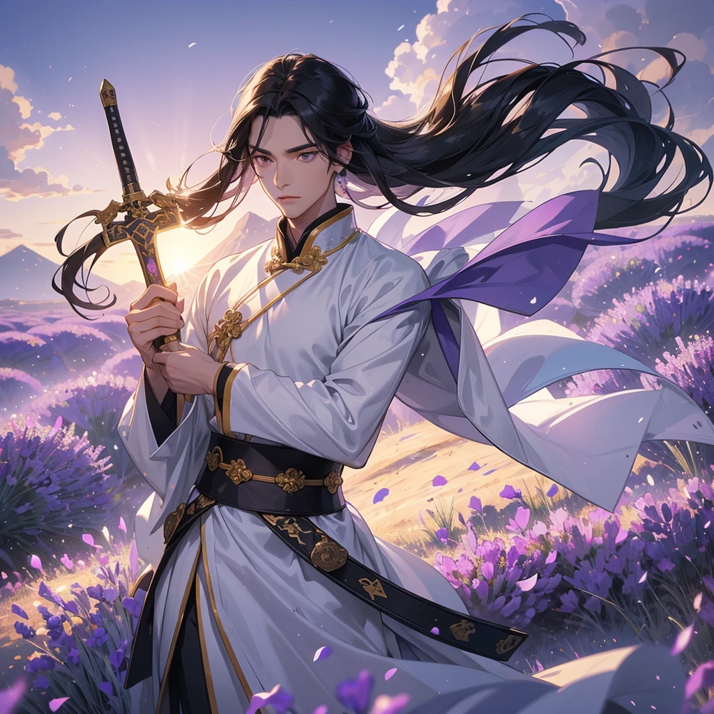 Handsome black-haired male general holding a large sword in white ancient Chinese general costume, walking In the middle of lavender fields , Surrounded by lavender fields, purple, with green mountains in the background, low clouds, the sun is about to set, close up.