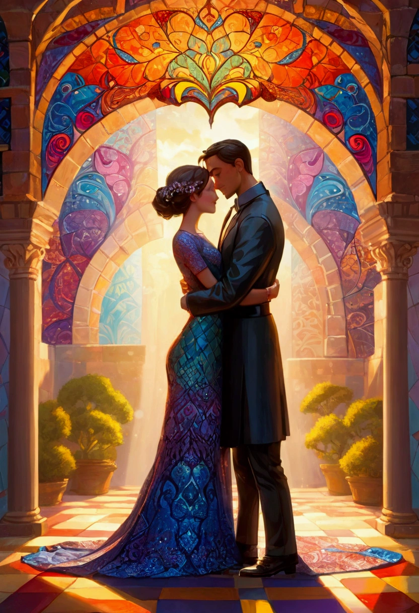 A couple hugging, Scene of Happiness,very beautiful:1.4, Like a dream, Inspired by: stefan koidl , Symbolic, Patchwork style_Background with complex patterns, Vibrant colors, Dramatic lighting casts surreal shadows, Fantasy elements, Magic realism atmosphere, Wide-angle viewing angle creates optical illusions.(masterpiece, best quality:1.4)