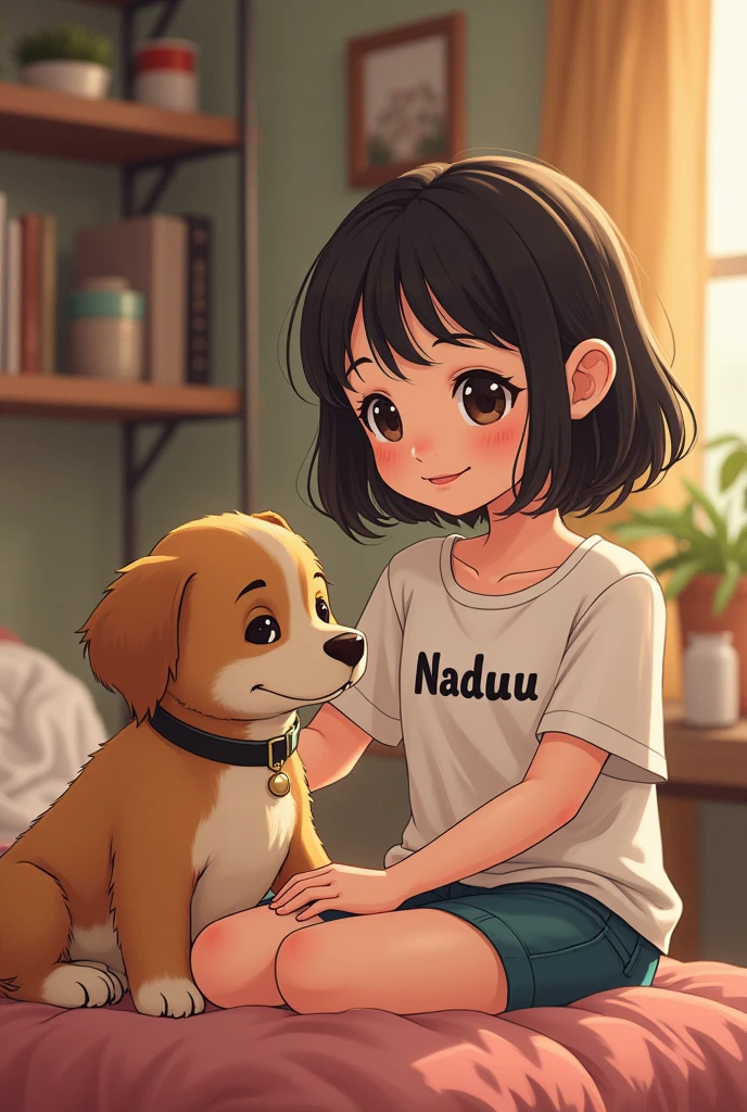 A lives with a dog whose name is Naduu written on her shirt.