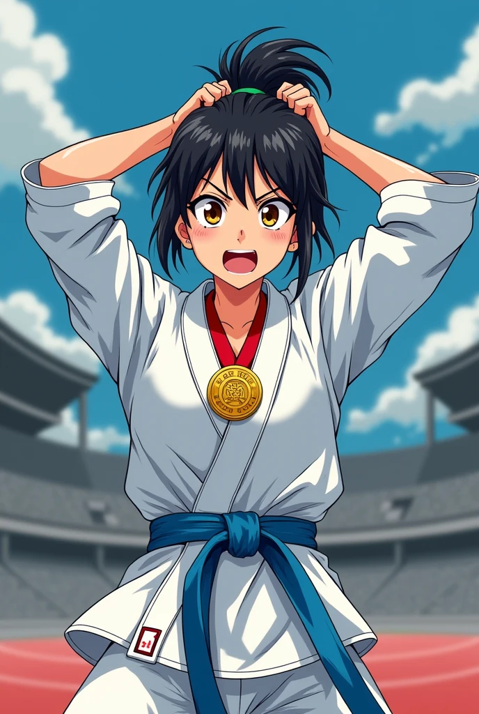 20 year old athletic build female girl, light skinned, with amber eyes, one darker than the other, half up messy black hair, with an expression of fury and tired, dressed in karategi and light blue belt, Winning a medal, BL style manga