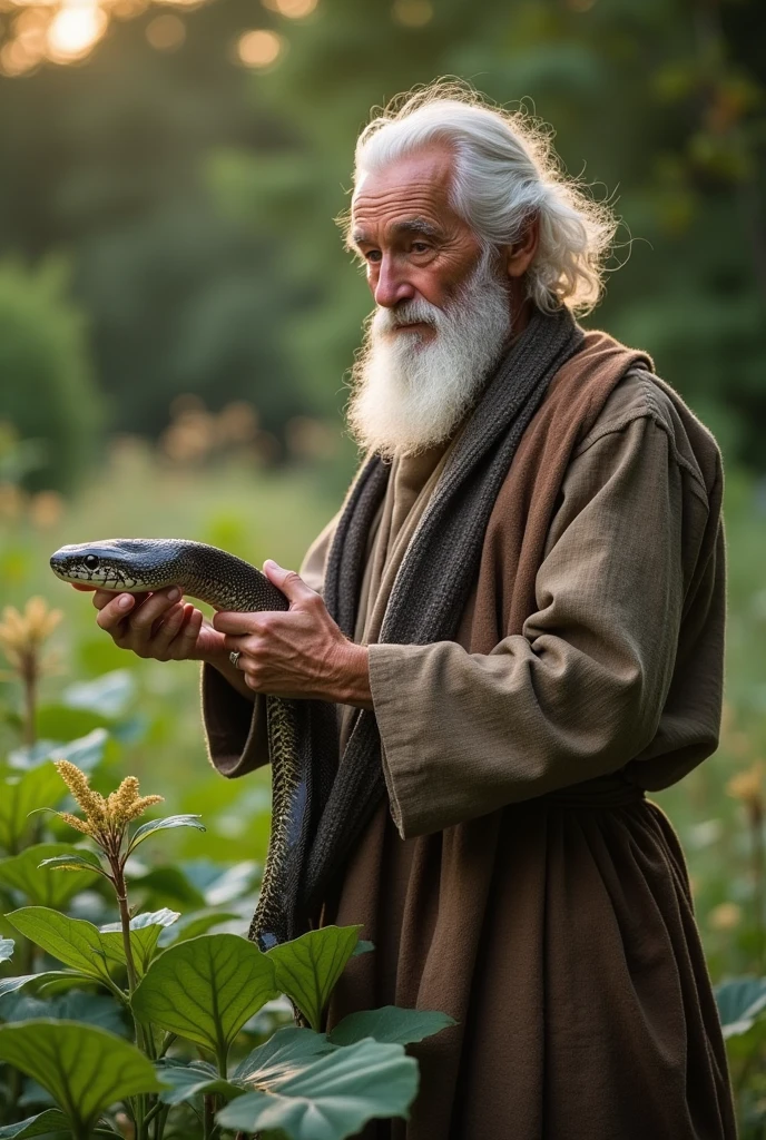 The wise man carefully holding the snake with a calm but firm expression, removing it from his garden. The background shows the garden starting to recover, with the first signs of life returning to the plants. The focus is on the act of removing the threat.