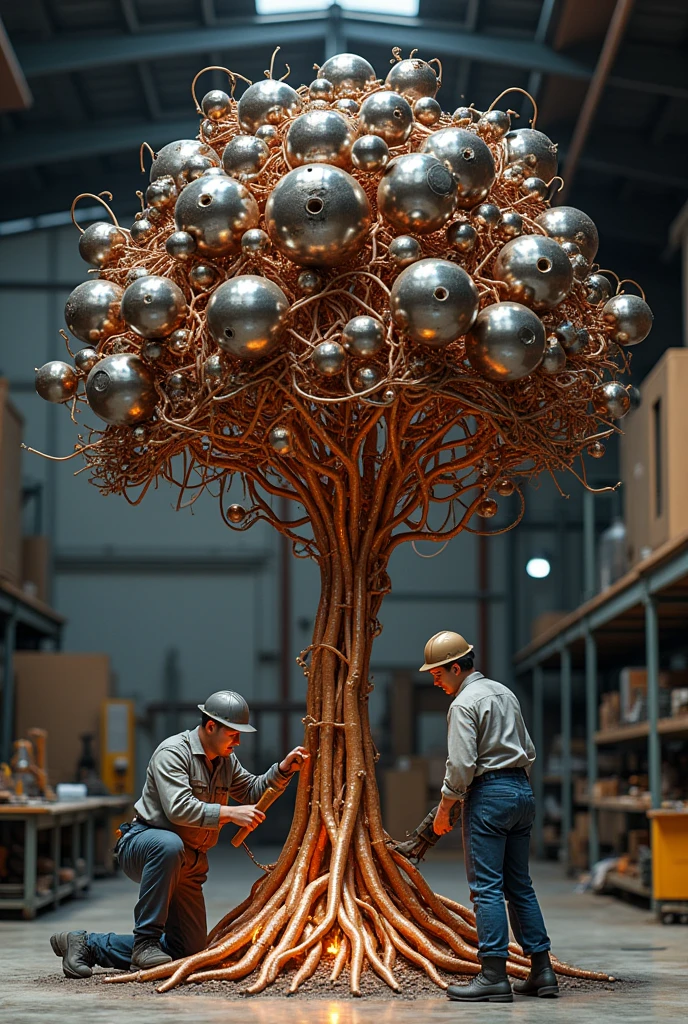 Mechanics welding and electricians building a metal structure in the shape of a tree that represents their future