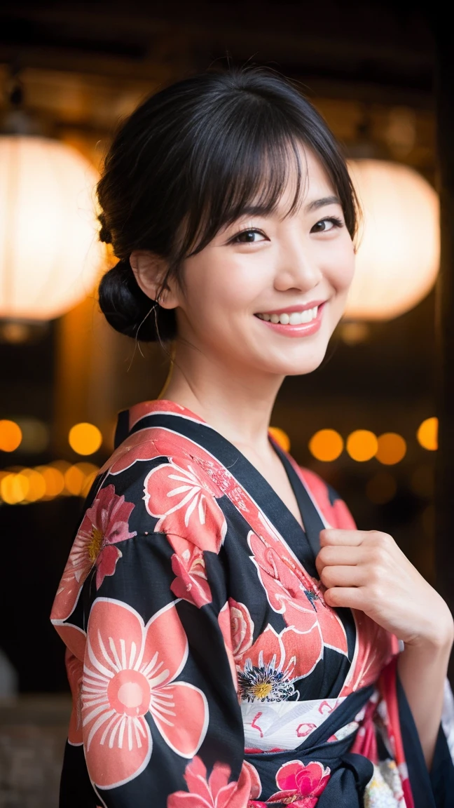 （8k、Raw photography、highest quality、masterpiece：1.2),(black haired、very short hair:1.8),(short twin tails:1.4)、show viewer,Looking at the front,erotic,white skin,(Wearing a kimono with a colorful floral pattern:1.7)、()、(Clothing that emphasizes the shape of your chest、publish one&#39;Skin:1.8)、(big breasts :1.4)、slim body shape、ultra high resolution,beautiful,beautiful fece,(alone, alone、no background:1.9),whole bodyボディー,japanese woman,（Photoreal：1.37）、photon mapping,reality、(-face cute: 1.2)、(cute smile: 1.7)、(With a round face: 1.8)、radio city、Physically based rendering、depth of field rally background、photograph, (I can see your knees,close up of thighs:1.4),whole body、super fine