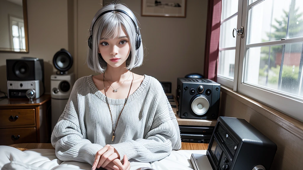 Rainy day Beautiful 20 year old foreign girl, listening to music on old radio in her room, hair color silver, straight bob, fashionable clothes.