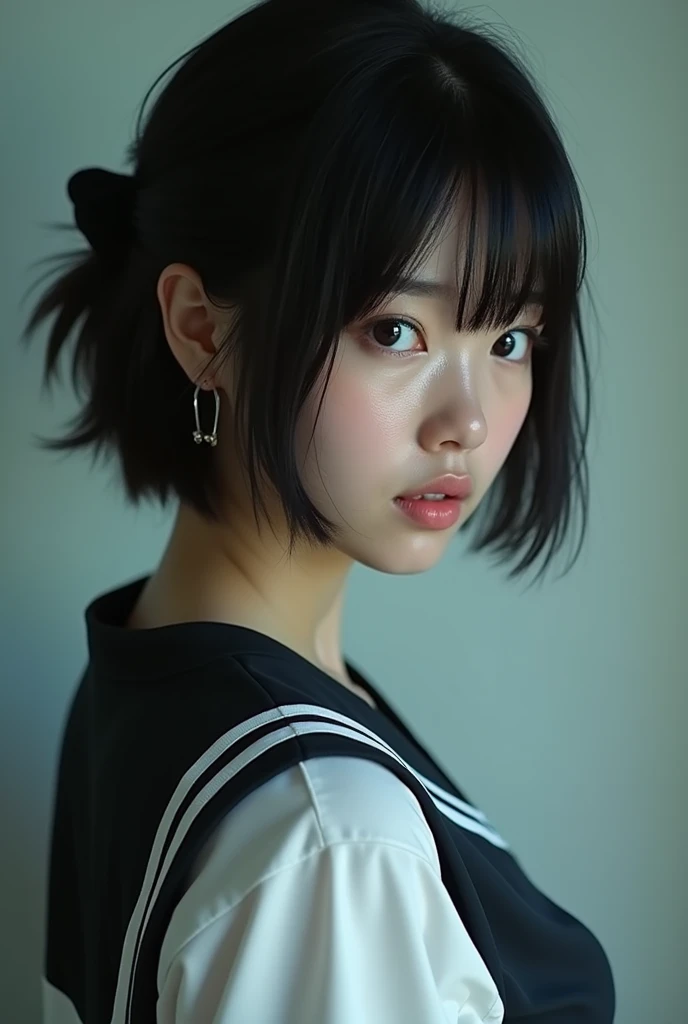 Realistic glowing skin, (sweating:1.8),Stand backwards,Look back at your face,Always look at the camera,(sweating:1.6),(I can see her small beautiful nipples:1.4),,(whole body:1.8),(Shiny, slimy, realistic white skin:1.9),White socks, black leather shoes,
,Cold look,Cold Stare,Black Hair,short hair,Tie your hair short,Silky translucent white skin,,(Very detailed美しい顔), Great face and eyes, (Highest quality:1.4), (Very detailedな), (Very detailed CG 統合 8k 壁紙), Very detailed, High resolution raw color photos, Professional photography, Realistic portrait,Sweat,(Small beautiful breasts:1.9),(B cup:1.8),
 (少女のwhole bodyの詳細なRAW写真), Canon EOS R5 250mm, Sharp focus, Cinema Lighting,  (No makeup:1.2), Fine skin, Delicate collarbone,,(Ultra-high resolution:1.6), (Realistic:1.6),,(Japanese junior high school girls:1.9),(:1.9),