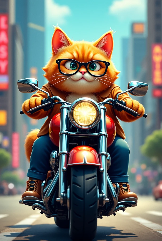 Make a picture of a yellow cat with glasses on a motorcycle