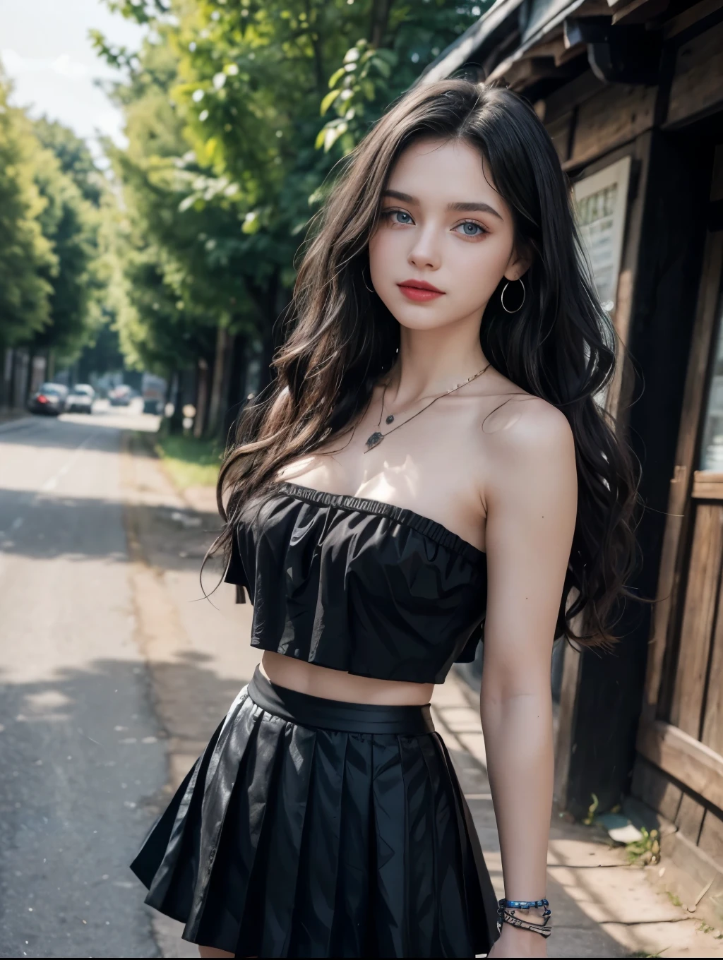 Caucasian woman; ((black hair)), (((wavy hair))), ((long hair)), hair parted in the middle; (blue eyes), ((lined eyes)), ((highlight blue eyes)), Bright eyes, (eyes with reflections); ((red lipstick)), (bright lips), constitute; smile, ((athletic body)), ((medium breasts)), ((legs));  (standing); (((black top))), ((strapless top)), (Texture top)), (((black skirt)), ((pleated skirt)), (Texture skirt); earrings, necklace, bracelets; high quality, artistic shot, In a rural town, with wooden houses and many trees, side shot.