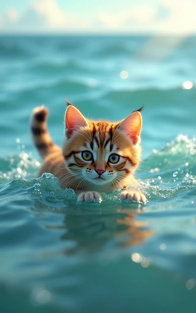Realistic、A brown tabby cat swimming in the ocean with a cat scratcher