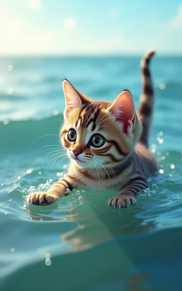 Realistic、A small baby brown tabby cat swimming in the ocean with a cat scratcher