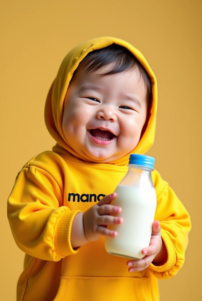 photo of an Asian toddler girl, fat, pretty, cute, chubby, reddish cheeks and lips, wearing cute hijab and a yellow XXL size adult hoodie, COLORS that say "MANORA", laughing broadly while holding a large milk bottle