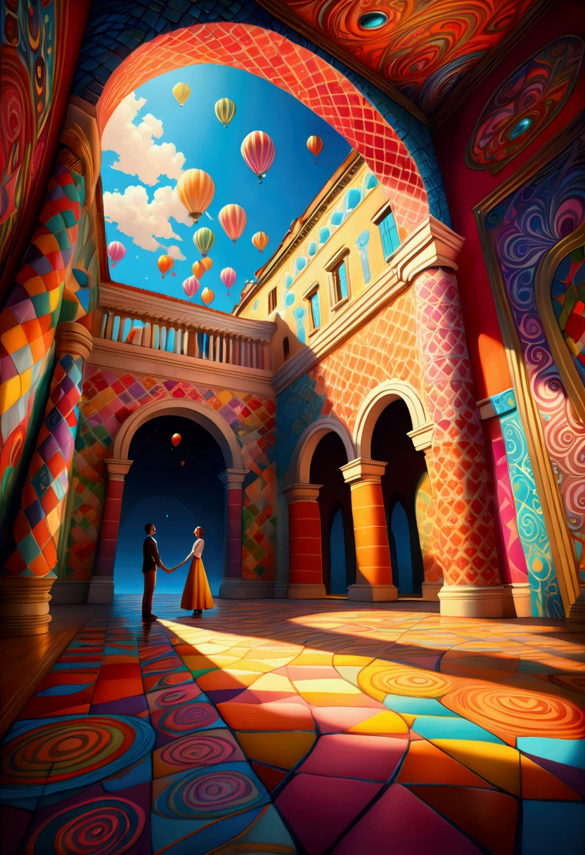 A couple hugging, Scene of Happiness,very beautiful:1.4, Like a dream, Inspired by: stefan koidl , Symbolic, Patchwork style_Background with complex patterns, Vibrant colors, Dramatic lighting casts surreal shadows, Fantasy elements, Magic realism atmosphere, Wide-angle viewing angle creates optical illusions.(masterpiece, best quality:1.4)