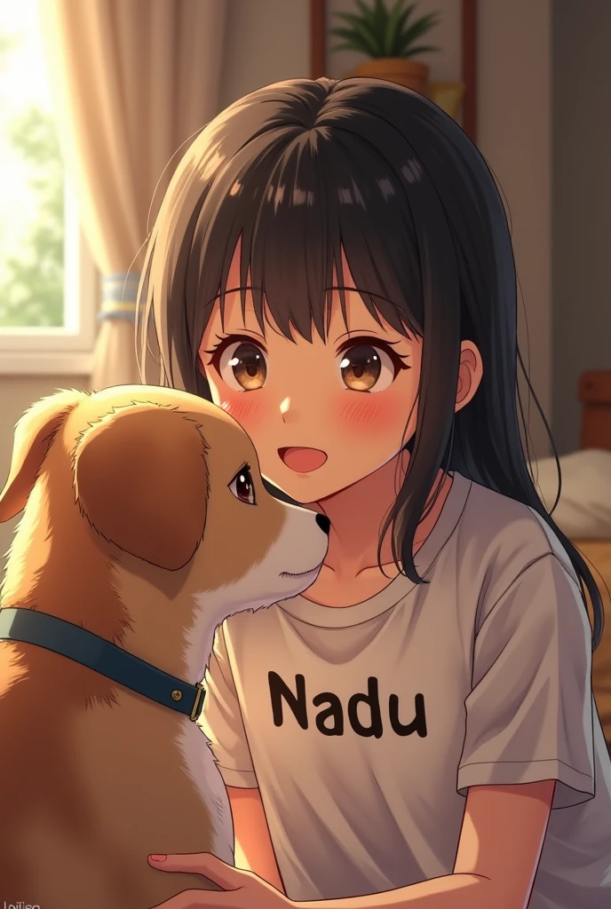 A  lives with a dog whose name is Naduu written on her shirt.