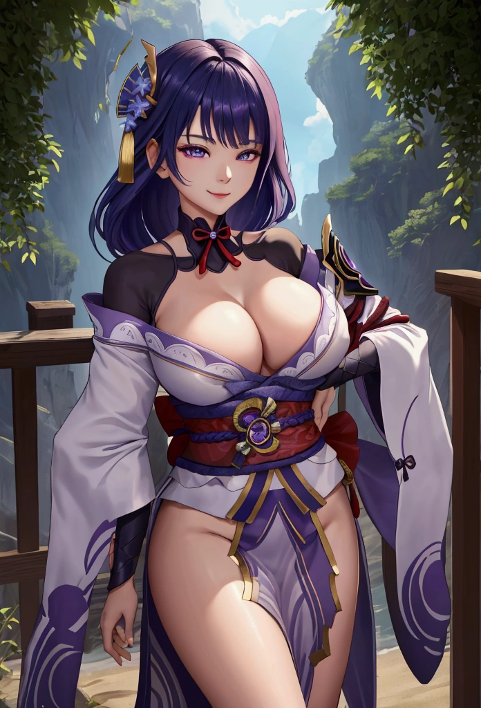 Raiden Shogun, raiden, (Breast-huge), nedium breasts, Masterpiece, Best quality, Ultra-slender hands resting on the hips), (angle of view:1.1), (Smile:0.9),Busty body，thick leg，（Dr490nSc4leAI fine detail scaly skin：1.4）