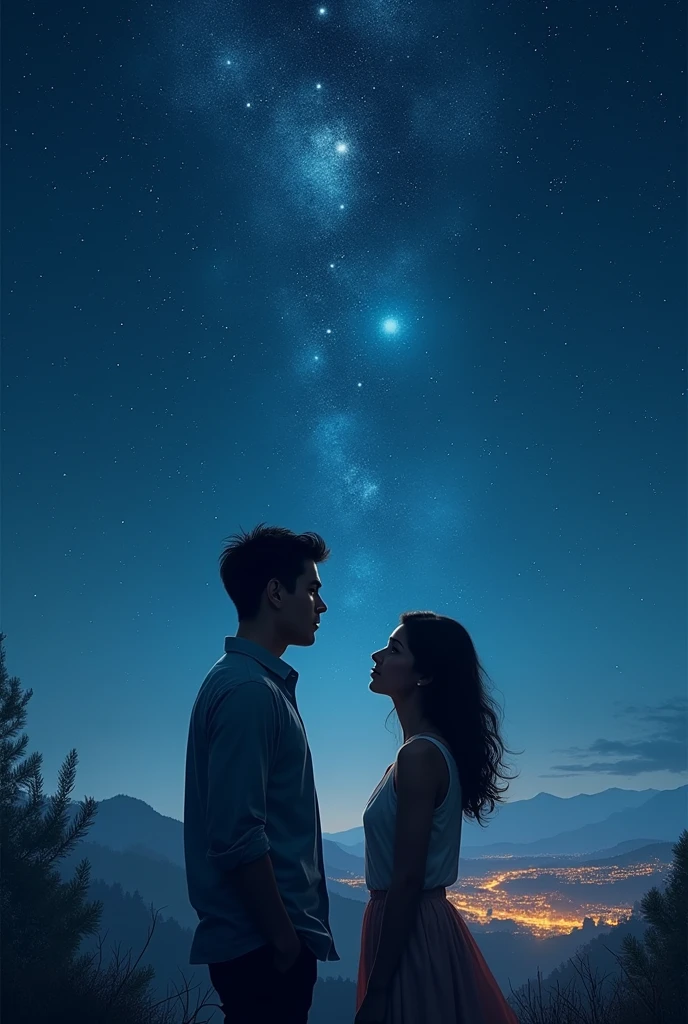 A book cover of night sky full of stars and a glimpse of lights on the town and a man and woman looking at it.
