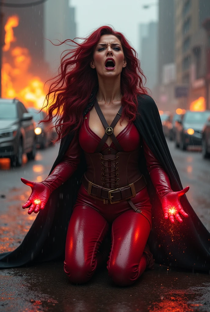 A beautiful female Scarlet Witch long red hair wearing a red jumpsuit combined with black cape wine red boots and gloves black long boots up to her knees in an apocalyptic rainy city cars and buildings on fire magic in her hands black corset over her jumpsuit on her knees screaming exhausted after an extensive battle brown harness over her chest thick straps matching her jumpsuit magic in her hands