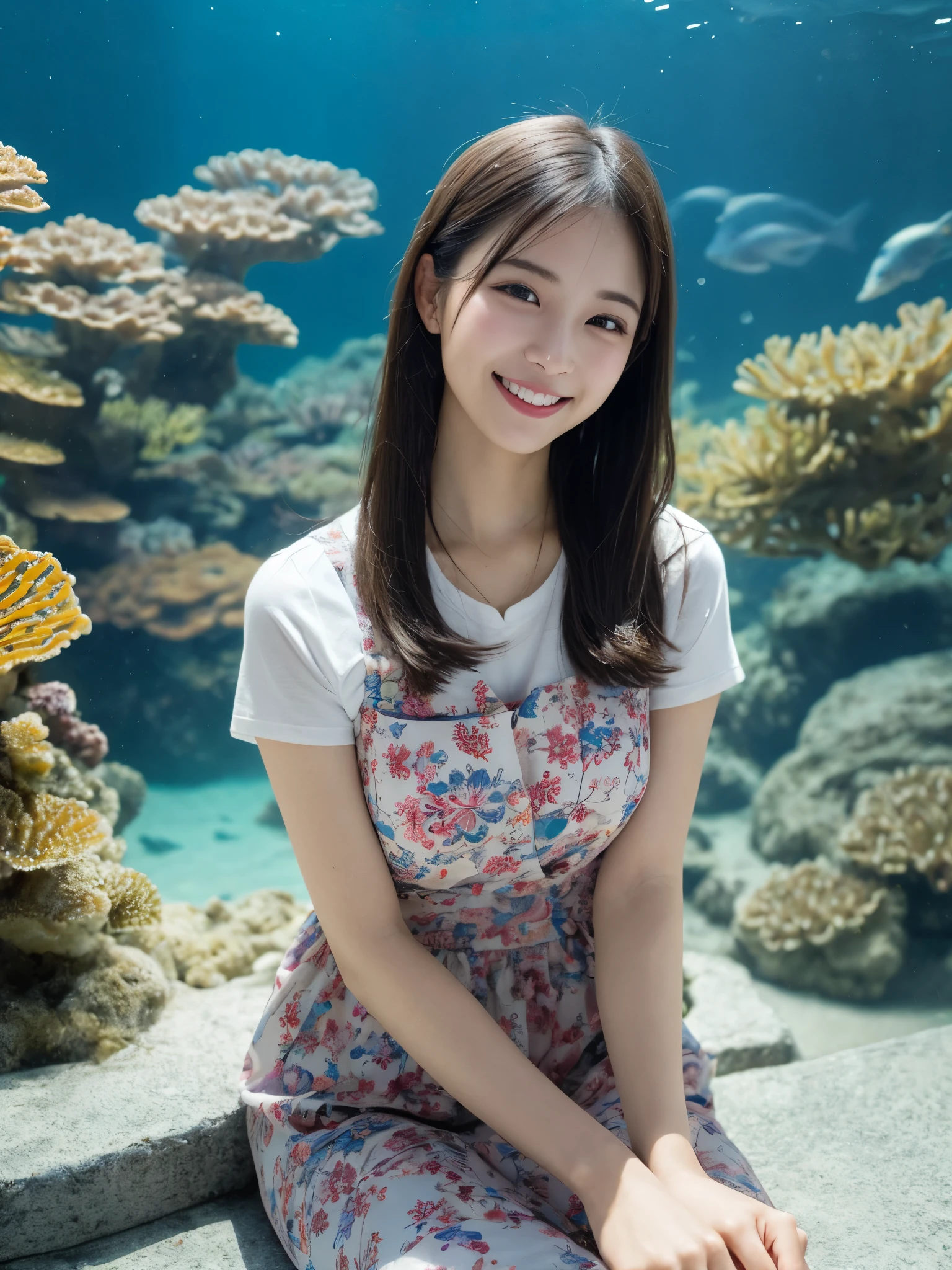1girl, solo, highres, best_quality, masterpiece, detailed_background, intricate_details, beautiful, okinawa, churaumi_aquarium, marine_life, casual_clothes, smile, looking_at_viewer, dynamic_pose, natural_pose, candid, happy