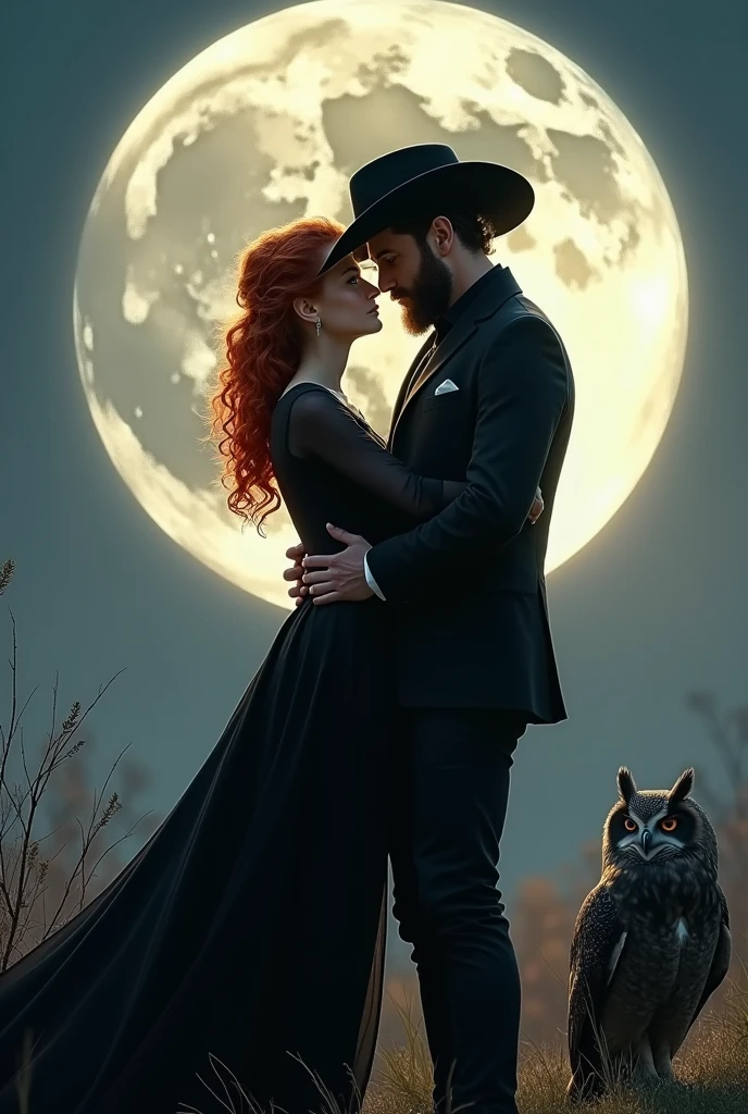Beautiful redhead witch in black clothes and hat kissing a very handsome bearded man with the giant moon in the background and an owl on the ground 