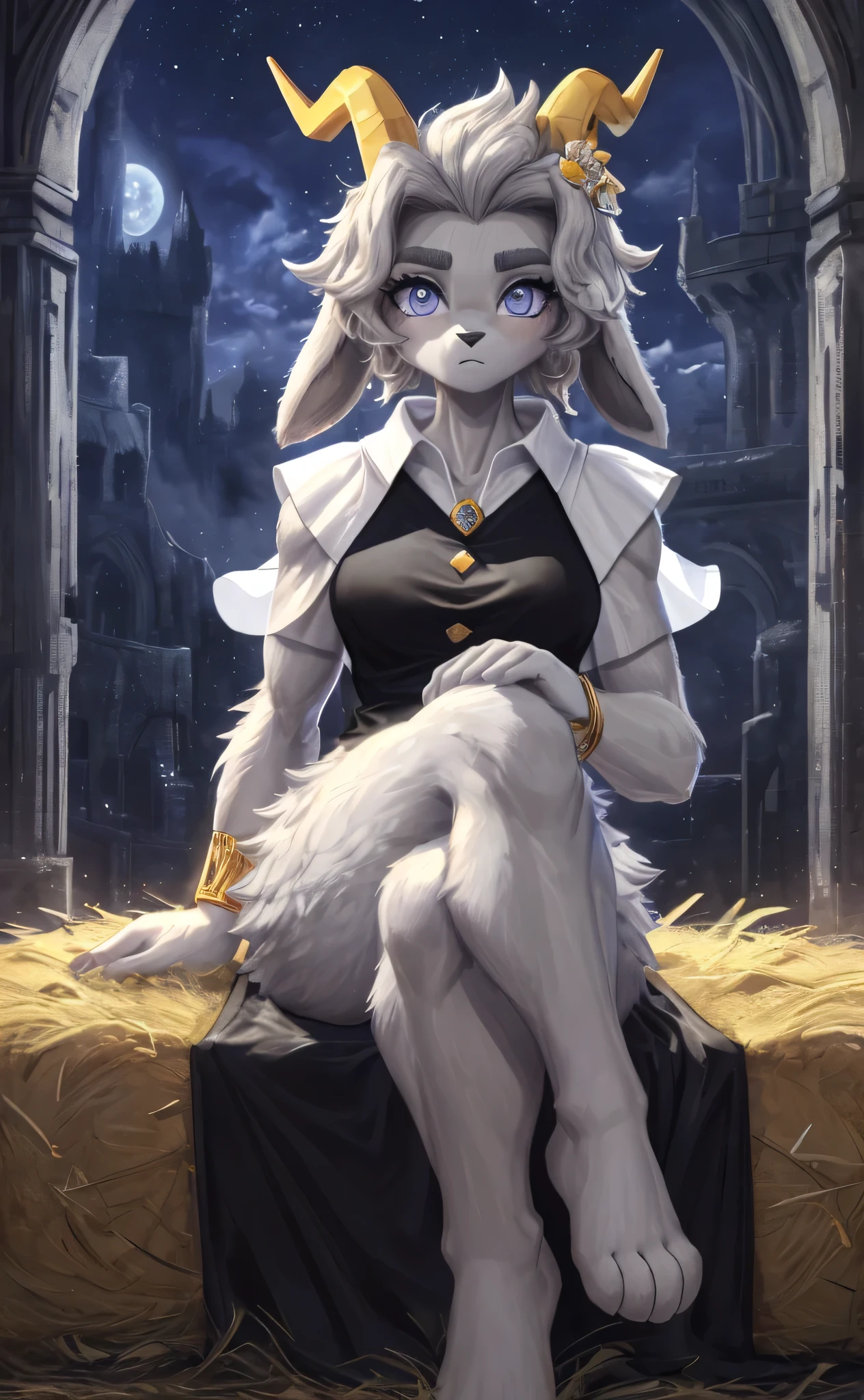 [sybil], [pseudoregalia], ((masterpiece)), ((HD)), ((high res)), ((solo portrait)), ((feet visible)), ((front view)), ((detailed fur)), ((cute cartoon aesthetic)), ((detailed shading)), {(anthro goat woman), (athletic figure), (grey body fur), (black nose), (long droopy bunny ears), (fluffy hair), (yellow narly horns), (bushy dark grey eyebrows), (cute indigo eyes), (long grey eyelashes), (medium breasts), (curvy hips), (beautiful legs), (defined paw feet), (blank expression)}, {(black sleeveless vest), (gold buttons), (white capelet), (gold rings in hair), (gold bracelets), (pantless), (nude)}, {(sitting on hay), (crossed legs), (hands on lap), (looking at viewer)}, [ambient lighting, castle ruins, nighttime, moonlight]