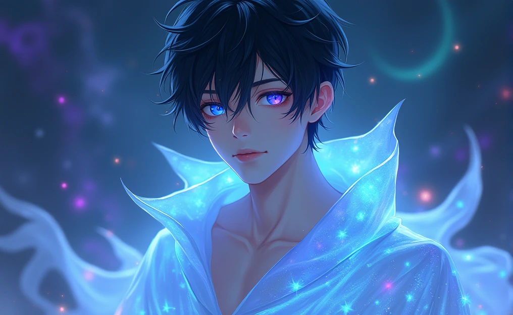 This image portrays an enchanting MAN character with a striking, ethereal appearance. The character has pale, almost porcelain-like skin and short, BLACK hair that is slightly tousled. Their eyes are vibrant, with a shimmering quality that reflects a spectrum of blues and purples, giving them a mystical, otherworldly gaze. The character is draped in a translucent, flowing material that glows with shades of blue, purple, and aqua, reminiscent of the night sky or a galaxy. This material wraps around them, enhancing their celestial and enigmatic aura. The background also contributes to this theme, with a deep, cosmic ambiance filled with subtle, star-like patterns and light trails, which blend seamlessly with the character's attire. Overall, the image exudes a cool, serene, and magical atmosphere, with the character embodying a celestial or astral being, seemingly beyond the mortal realm. The interplay of light, color, and texture adds depth to the image, making it visually captivating and evocative of a dreamlike world.
its a man