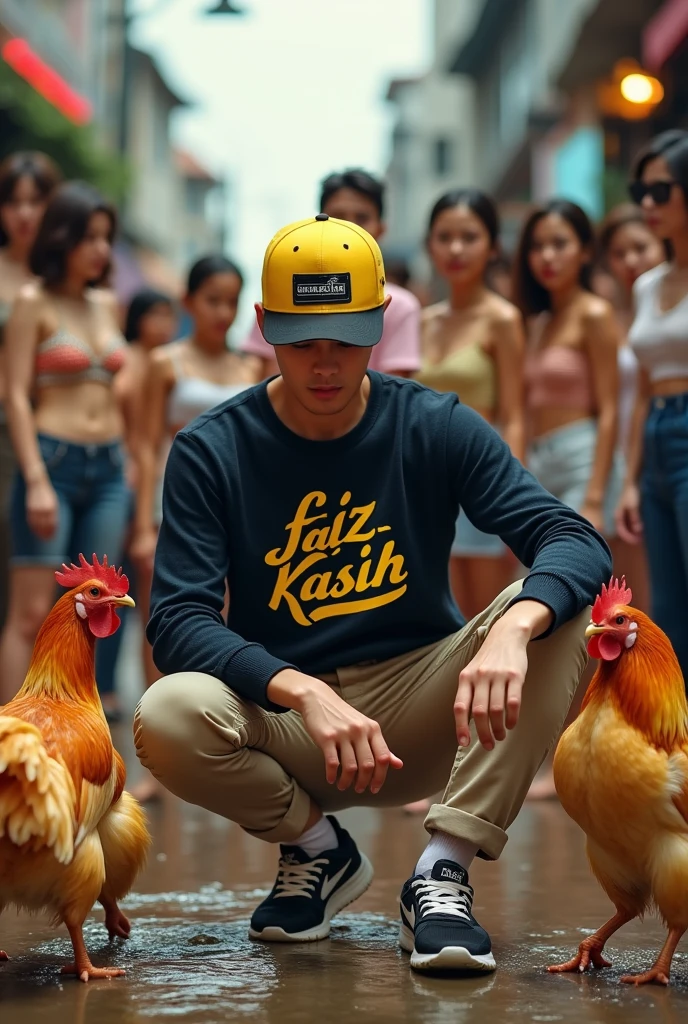 make me a hyper realistic photography HD 18K photo showing a handsome Indonesian man with yellow skin, short yellow hair wearing a Skecher hat, wearing a crewneck sweater that says "Faiz Kasih" in a complicated font style, beige chino pants, and black and white Nike shoes. The man is seen sitting while bathing Bangkok chickens. in the background there are many beautiful and sexy women looking at the men around them.