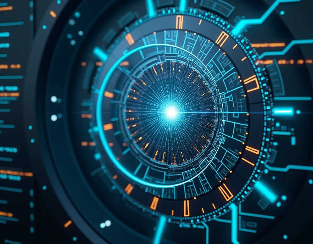 Cybernetic Vigilance: Geometric shapes, digital interfaces, data streams, emphasizing financial security and control.