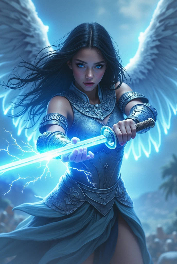 (young woman )( His blue eyes shine) (black hair ) ( that from his hands rays of power come out) (She has silver warrior armor with Hebrew letters and a ) (that covers his entire body) ( and a katana with lightning ) (with wings with rays) ( and a blue aura) ( with fighting pose) (Levitating in the air)