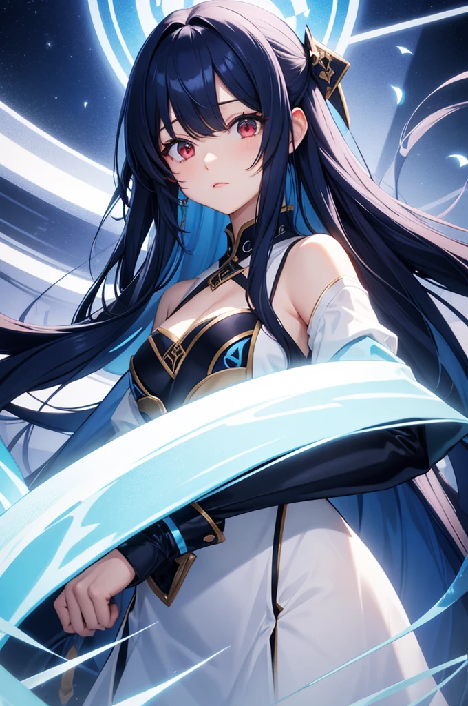 Blue colored long hair、Center parted bangs、Red eyes