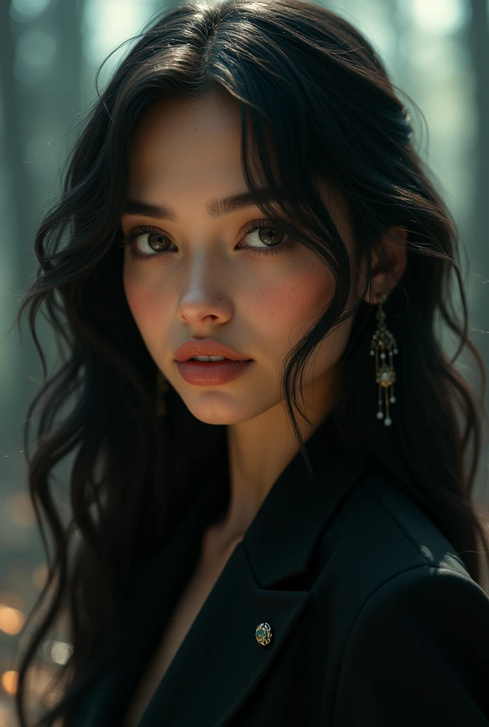 a beautiful young girl, pale skin, indian golden skin tone, long black and white hair, black suit, detailed face, beautiful detailed eyes, beautiful detailed lips, extremely detailed eyes and face, long eyelashes, detailed clothing, detailed jewelry, detailed background, photorealistic, 8k, high quality, hyper detailed, dramatic lighting, cinematic, moody, dark, fantasy, magical