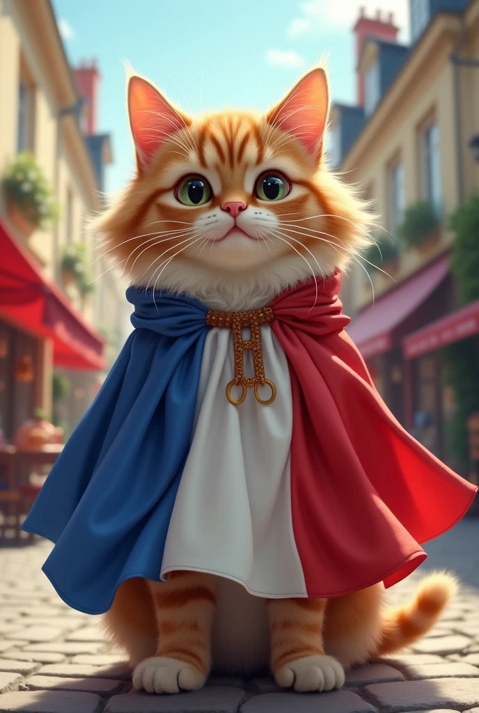Un chat avec un drapeau français comme vêtements