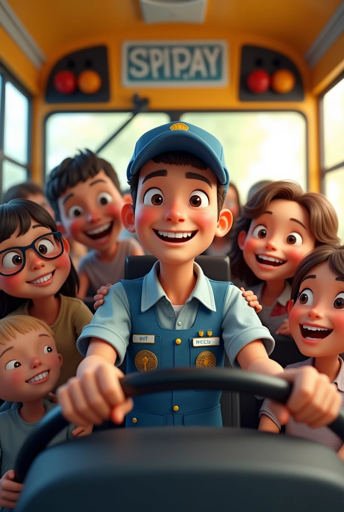 Create a happy bus driver with some happy kids around. make them realistic and focus on the bus driver.
