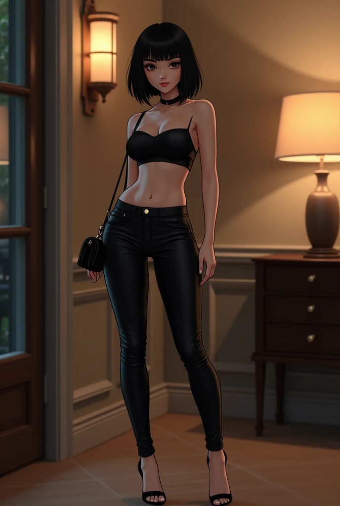 A stylish 20-year-old femboy with shoulder-length black bob style 
 hair, wearing a chic black crop top, high-waisted tight jeans with noticeable groin bulged male, and a pair of black high heels sandals.  The boy is carrying a black crossbody bag, adding a touch of elegance to his outfit. The overall atmosphere of the image is intimate and modern, with a hint female of timeless elegance