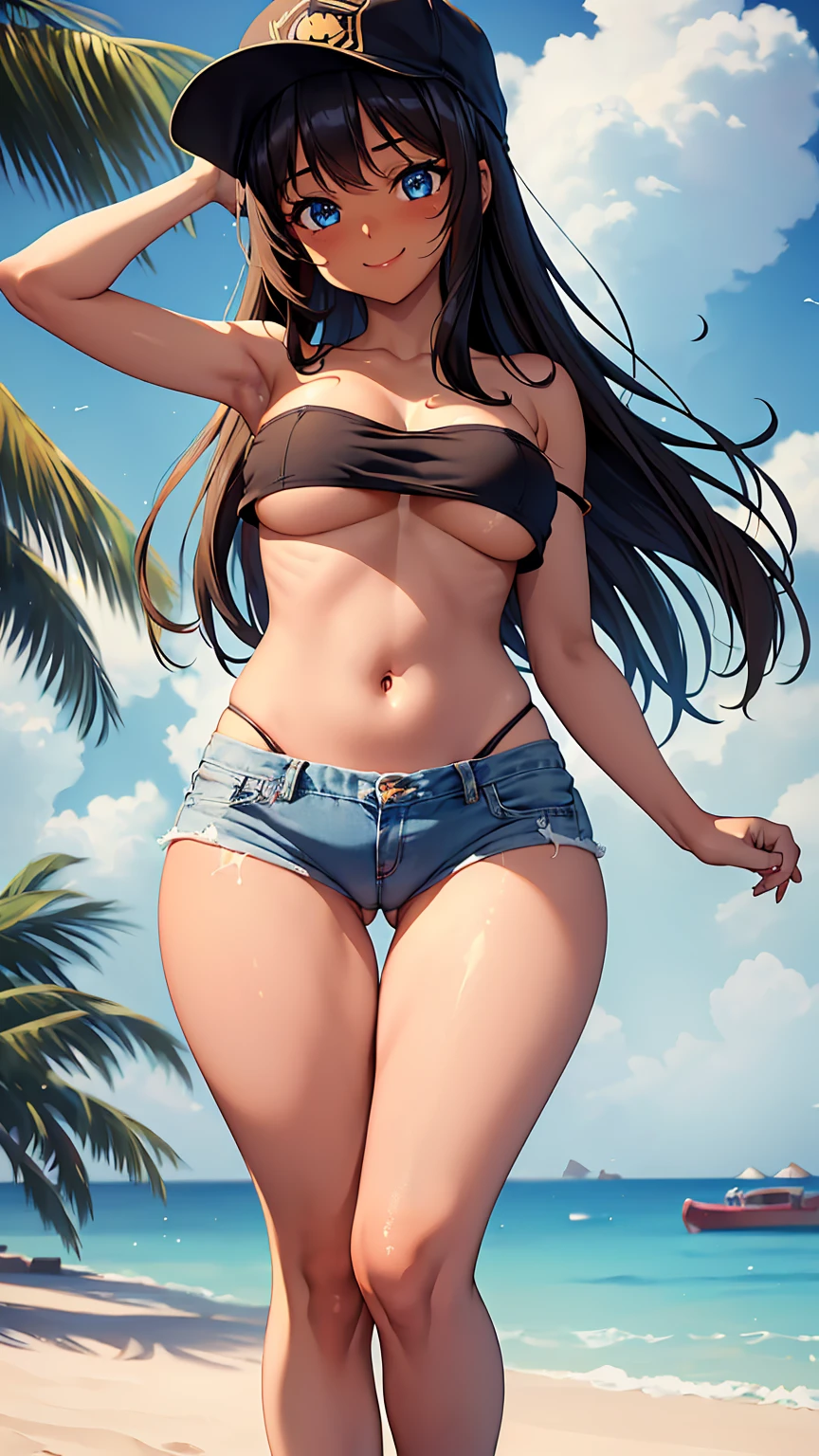 1girl, anime girl, anime, (((dark skin)), tan-lines, tan lines, tan line), 2d girl, 16y, (fullbody), standing, anime girl, blue eyes, smile, pink cap, (black hair, mid-long hair), (((tube top,strapless,black))) exposed navel, (((underboob view))), Solo, Slim, large breasts, big , big Breasts, Tight Shorts, low waist shorts, upshorts, The night beach background, city lights, looking at viewer, darker shadows, (((explicit))), (((shorts))), (((absurdres))), (((thigh gap))), (((cameltoe))), (((cleft of venus))), (((lowleg shorts))), (((innie pussy))), (((inniepussy))), (((innie_pussy)))