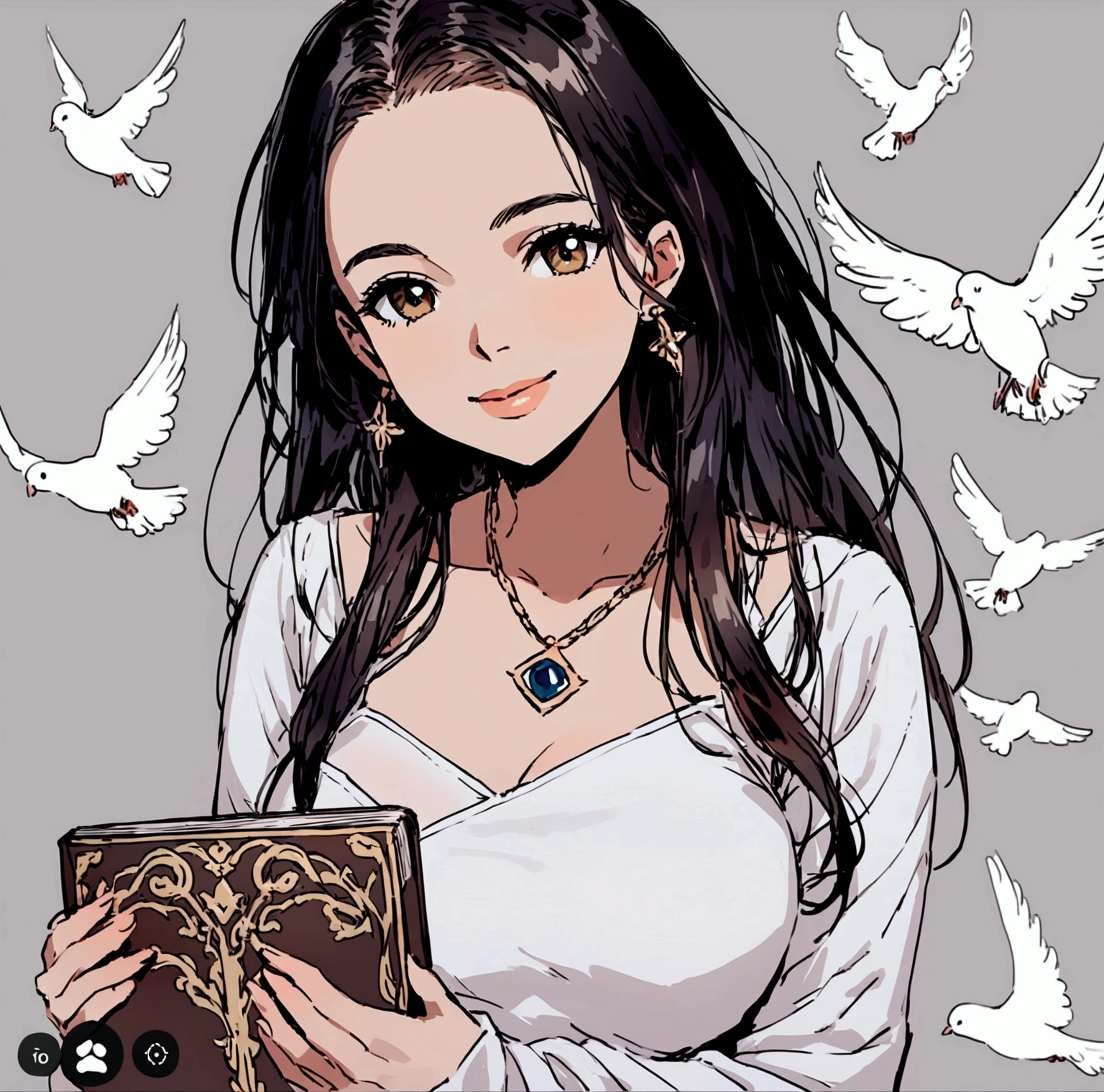 Make her eyes shine beautifully, your gold eye pendant with emerald in the center. White doves flying and the light of God behind shining brightly. Next to the doves many clouds, as if she were in the kingdom of heaven , she is a doctor, doctor and is there to take care of your physical and especially spiritual health, put the bible in her hands. And a very discreet title, Written " Kingdom health".