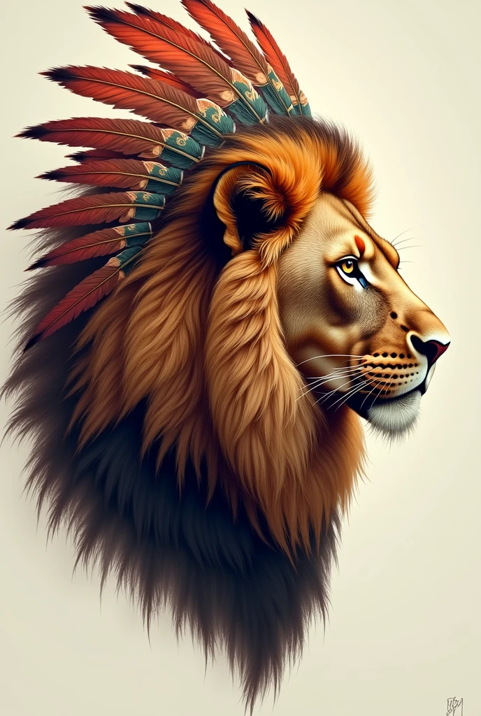 Right profile of Lion Head with indigenous colored feather headdress