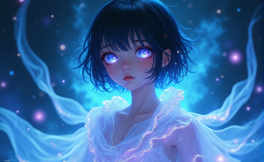 This image portrays an enchanting MAN character with a striking, ethereal appearance. The character has pale, almost porcelain-like skin and short, BLACK hair that is slightly tousled. Their eyes are vibrant, with a shimmering quality that reflects a spectrum of blues and purples, giving them a mystical, otherworldly gaze. The character is draped in a translucent, flowing material that glows with shades of blue, purple, and aqua, reminiscent of the night sky or a galaxy. This material wraps around them, enhancing their celestial and enigmatic aura. The background also contributes to this theme, with a deep, cosmic ambiance filled with subtle, star-like patterns and light trails, which blend seamlessly with the character's attire. Overall, the image exudes a cool, serene, and magical atmosphere, with the character embodying a celestial or astral being, seemingly beyond the mortal realm. The interplay of light, color, and texture adds depth to the image, making it visually captivating and evocative of a dreamlike world.