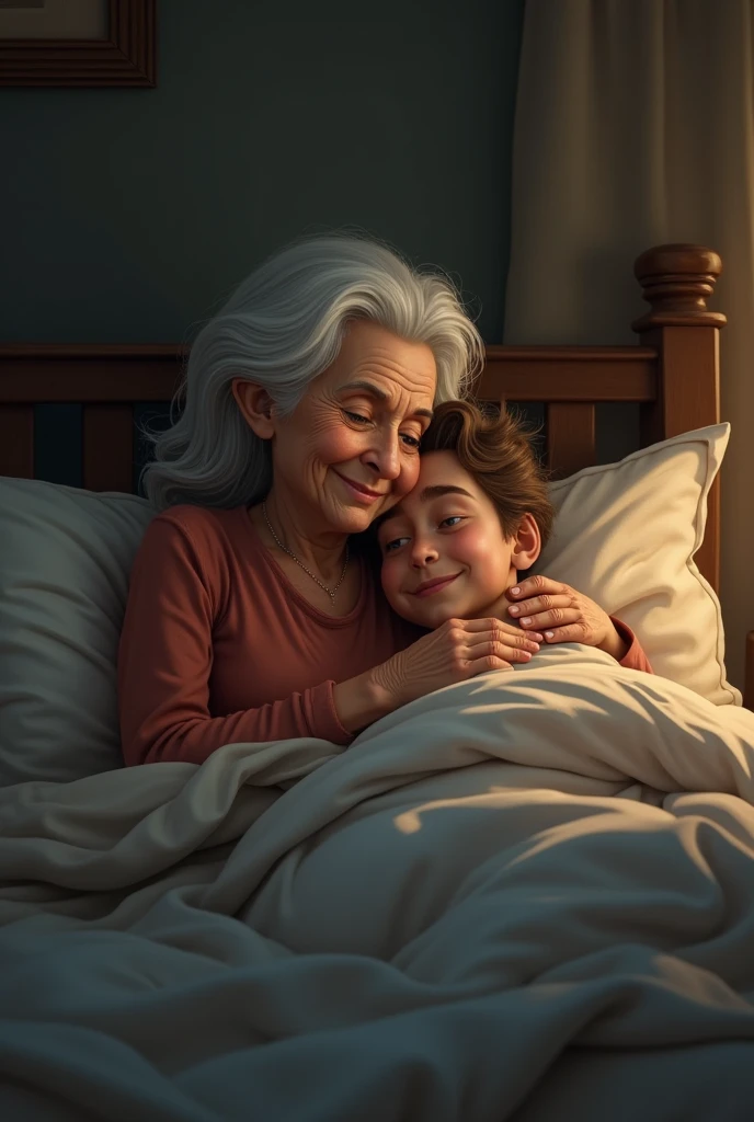 Old mom with son in bed 

