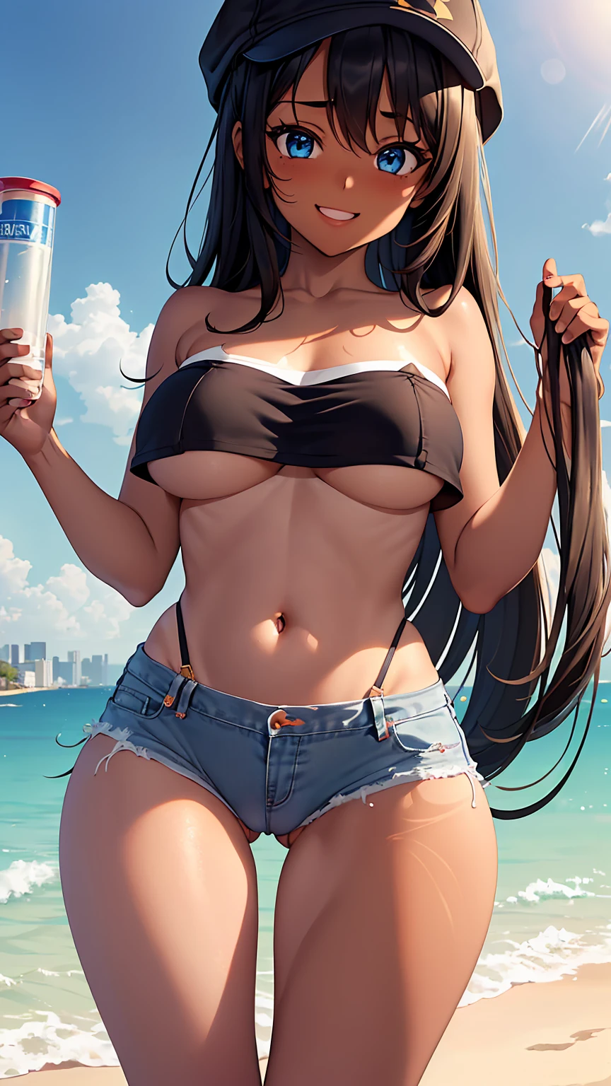 1girl, anime girl, anime, (((dark skin)), tan-lines, tan lines, tan line), 2d girl, 16y, (fullbody), standing, anime girl, blue eyes, smile, pink cap, (black hair, mid-long hair), (((tube top,strapless,black))) exposed navel, (((underboob view))), Solo, Slim, large breasts, big , big Breasts, Tight Shorts, low waist shorts, upshorts, The night beach background, city lights, looking at viewer, darker shadows, (((explicit))), (((shorts))), (((absurdres))), (((thigh gap))), (((cameltoe))), (((cleft of venus))), (((lowleg shorts))), (((innie pussy))), (((inniepussy))), (((innie_pussy)))