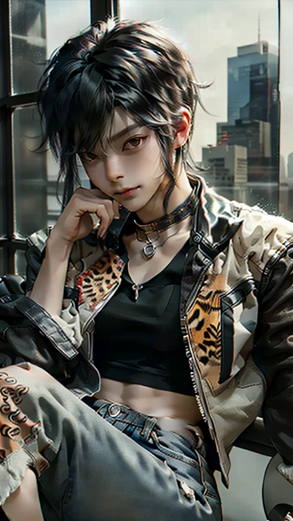 Black Hair、((About boy))、Spiky Hair、choker、Silver Necklace、See-through running shirt、To take apart, to dismantle、Red and leopard print leather jacket、chain、rivet、Distressed jeans with floral embroidery. A room in a high-rise building.、Looking Outside、Sitting in a leather chair with a high back, legs crossed、Sit leaning back、I play with my necklace with my right hand、Tilting his head, he gazes at the buildings beyond the glass、A smirking, scheming expression、A boy sitting in a chair in a high-rise building, looking outside.masterpiece, best quality, detailed, ultra detailed, insanely detailed, exquisite, beautiful、masterpiece、((Beautiful Face))