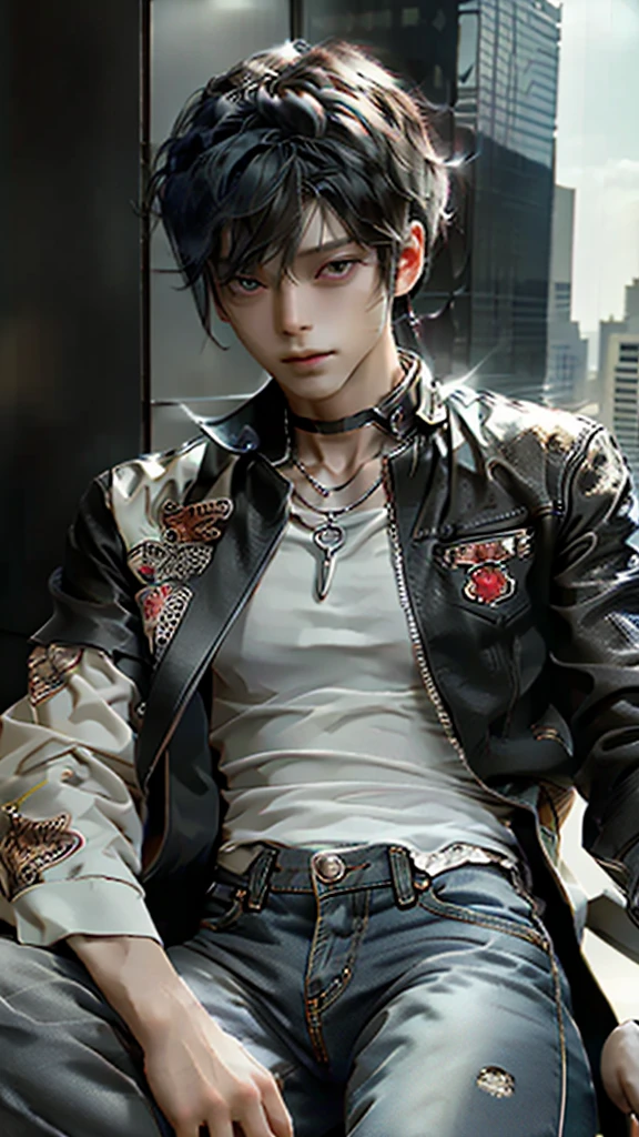 Black Hair、((About boy))、Spiky Hair、choker、Silver Necklace、See-through running shirt、To take apart, to dismantle、Red and leopard print leather jacket、chain、rivet、Distressed jeans with floral embroidery. A room in a high-rise building.、Looking Outside、Sitting in a leather chair with a high back, legs crossed、Sit leaning back、I play with my necklace with my right hand、Tilting his head, he gazes at the buildings beyond the glass、A smirking, scheming expression、A boy sitting in a chair in a high-rise building, looking outside.masterpiece, best quality, detailed, ultra detailed, insanely detailed, exquisite, beautiful、masterpiece、((Beautiful Face))